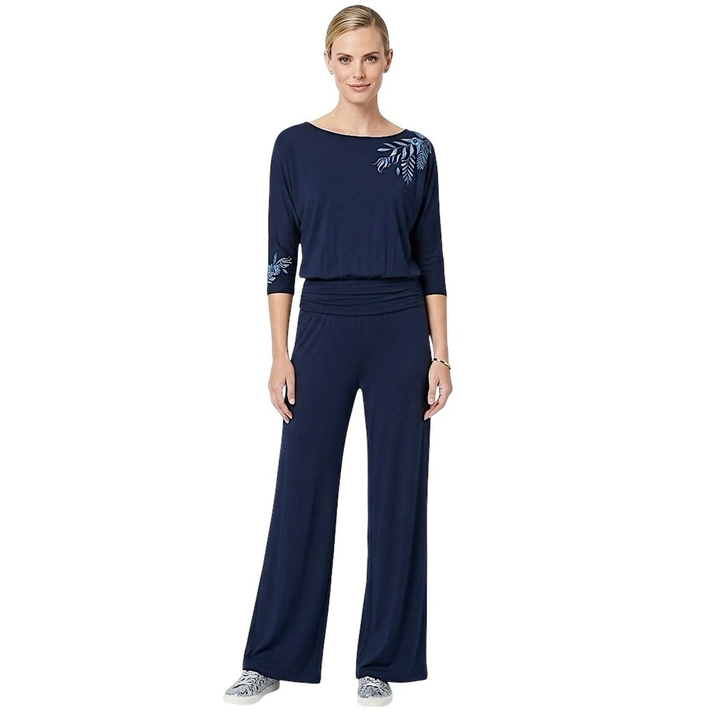 SOFT SURROUNDINGS Garbo Embroidered Wide Leg Jersey Jumpsuit Navy Blue Size XS